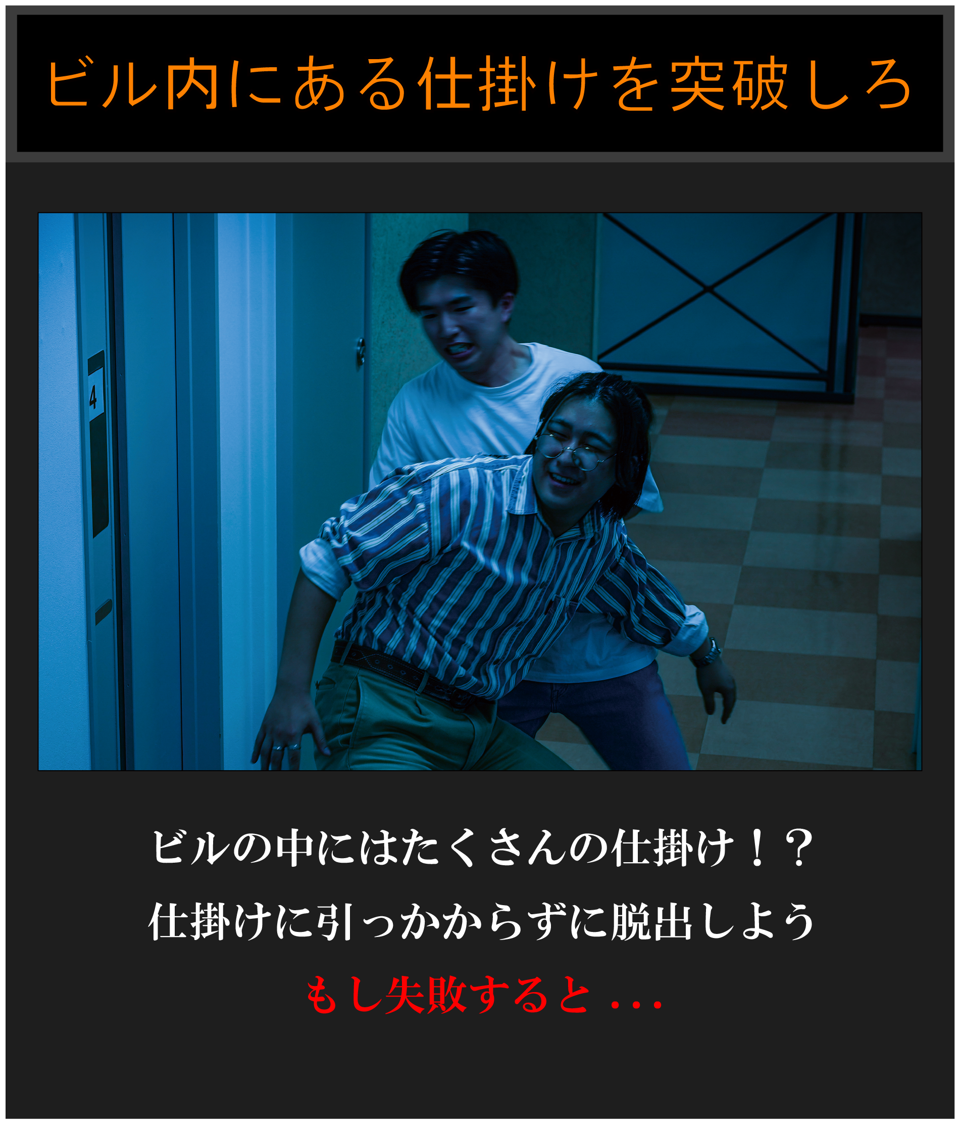 ビル内にある仕掛けを突破しろ：ビル内にはたくさんの仕掛け！？。君の手で仕掛けを突破しよう