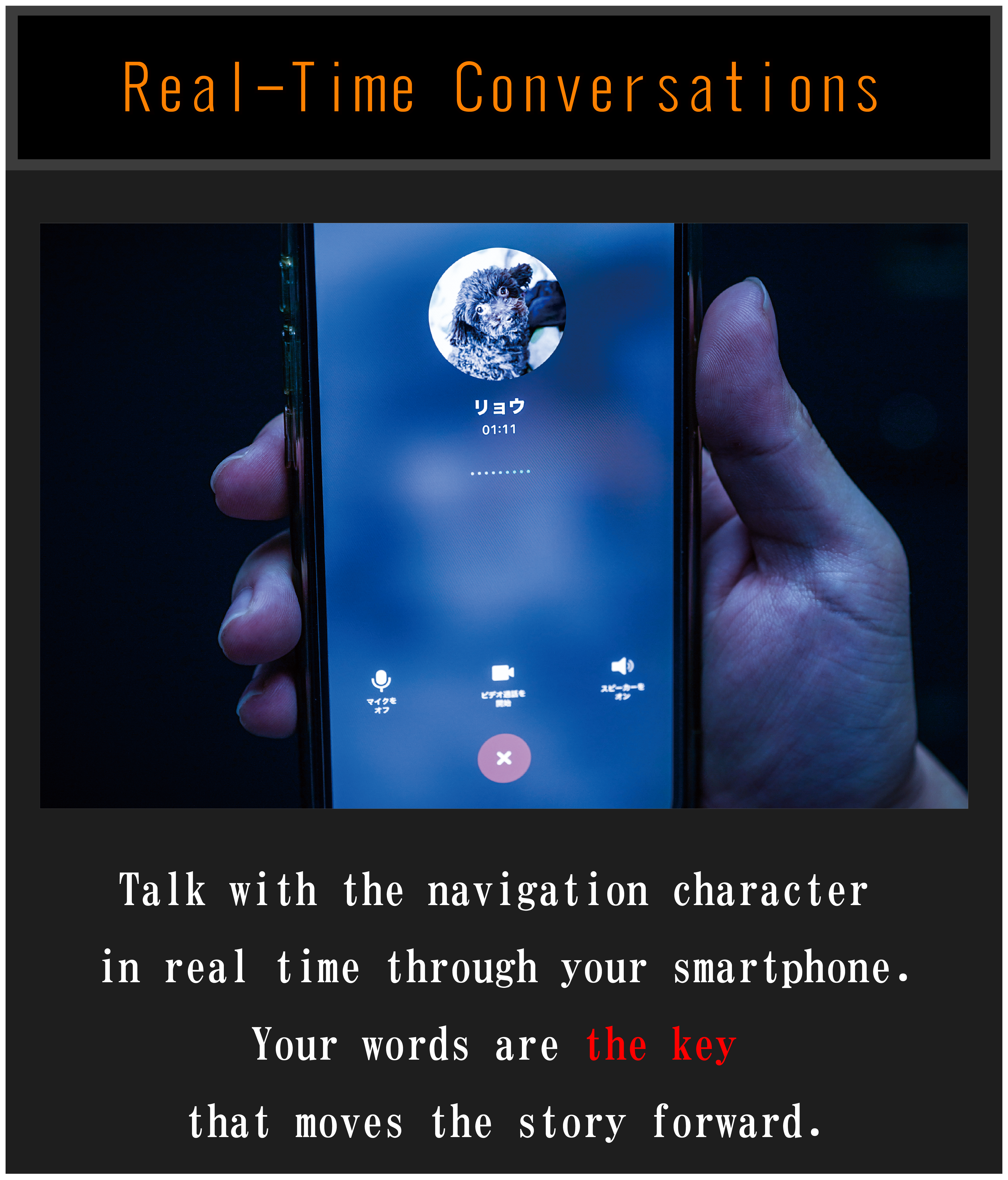Real-Time Conversations: Taik with the navigation character in real time through your smartphone.Your words are the key that moves tha story forward.
